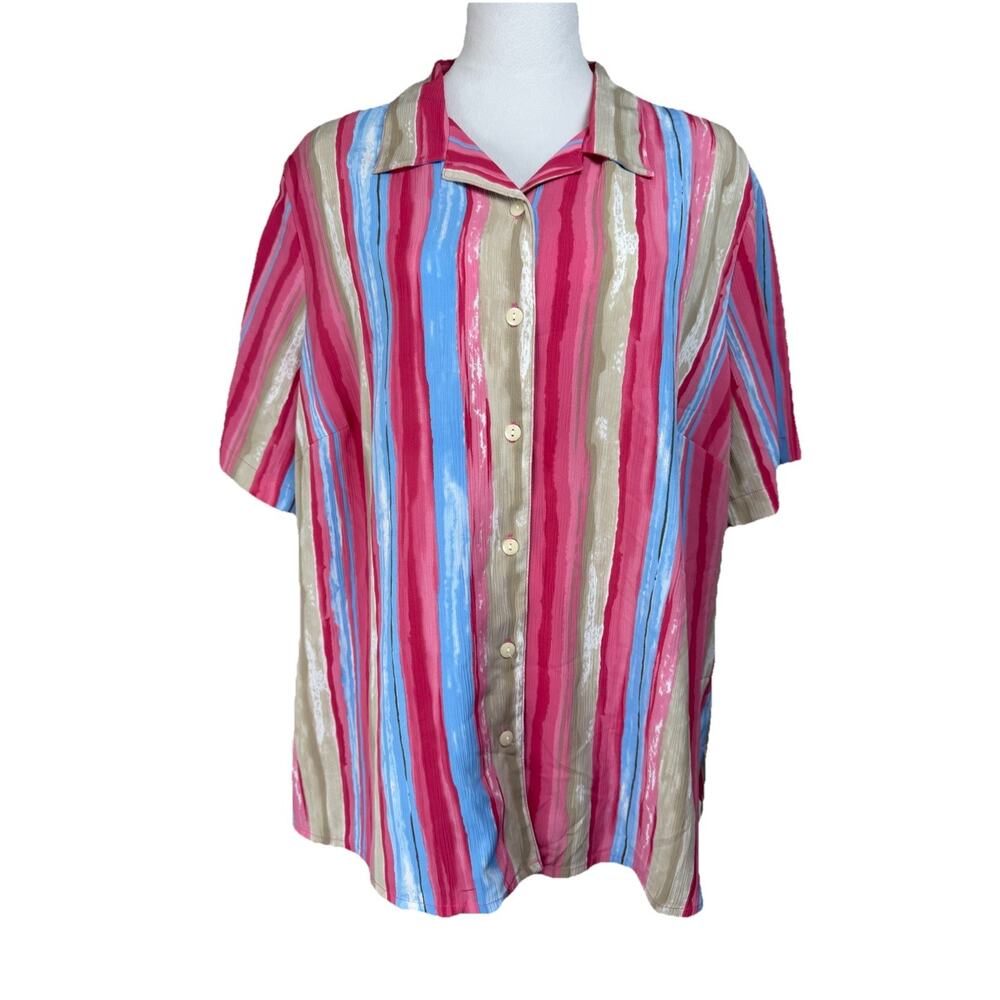 Vintage 80s Alia Striped Blouse Top 18W Button Up Short Sleeves Shoulder Pads